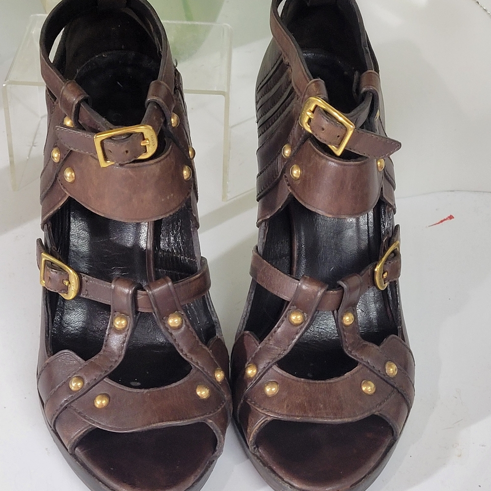 Gucci Leather Pumps 👠 Brown Peep-Toes Studded Accents Platform Multistrap $550 - Picture 8 of 15